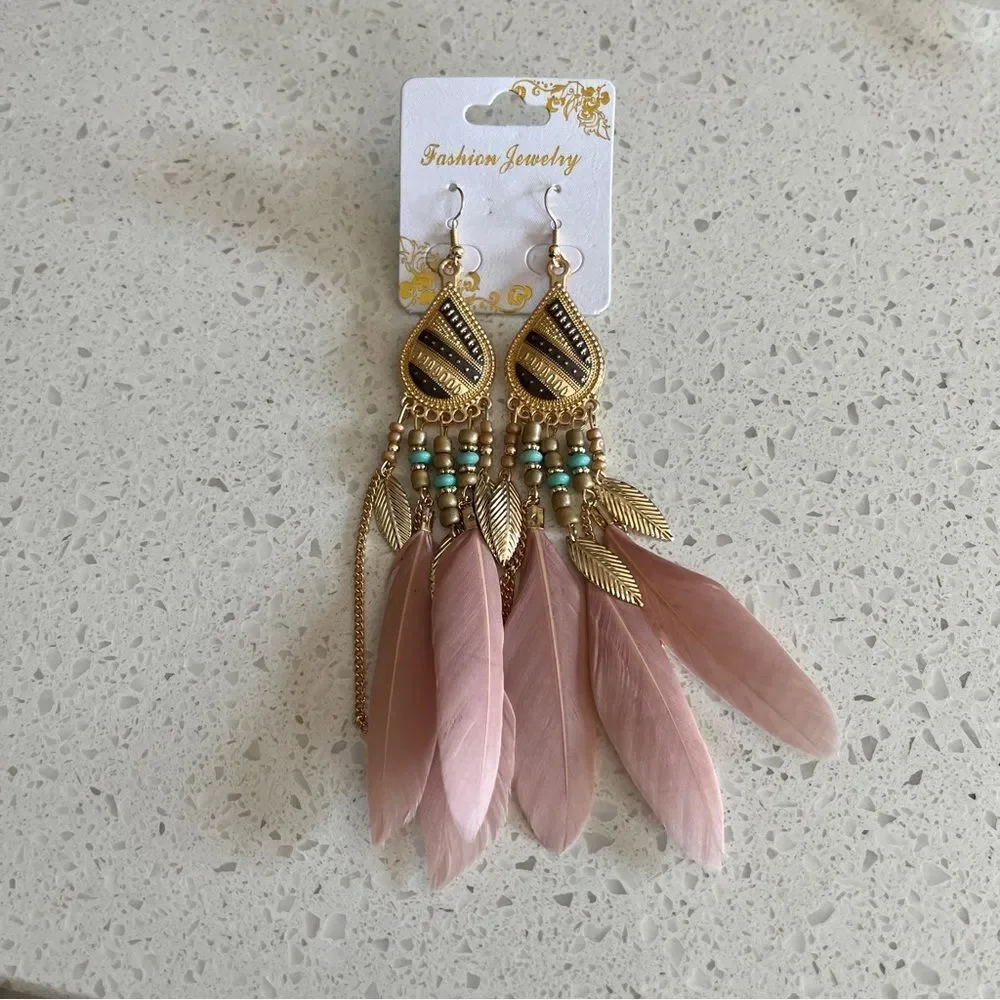 Vintage Style Feather Tassel Earrings‎ with Stainless Steel studs